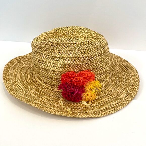 DPC Dorfman Pacific Wide Brim Paper Hat With Colored Pompoms - Picture 1 of 13